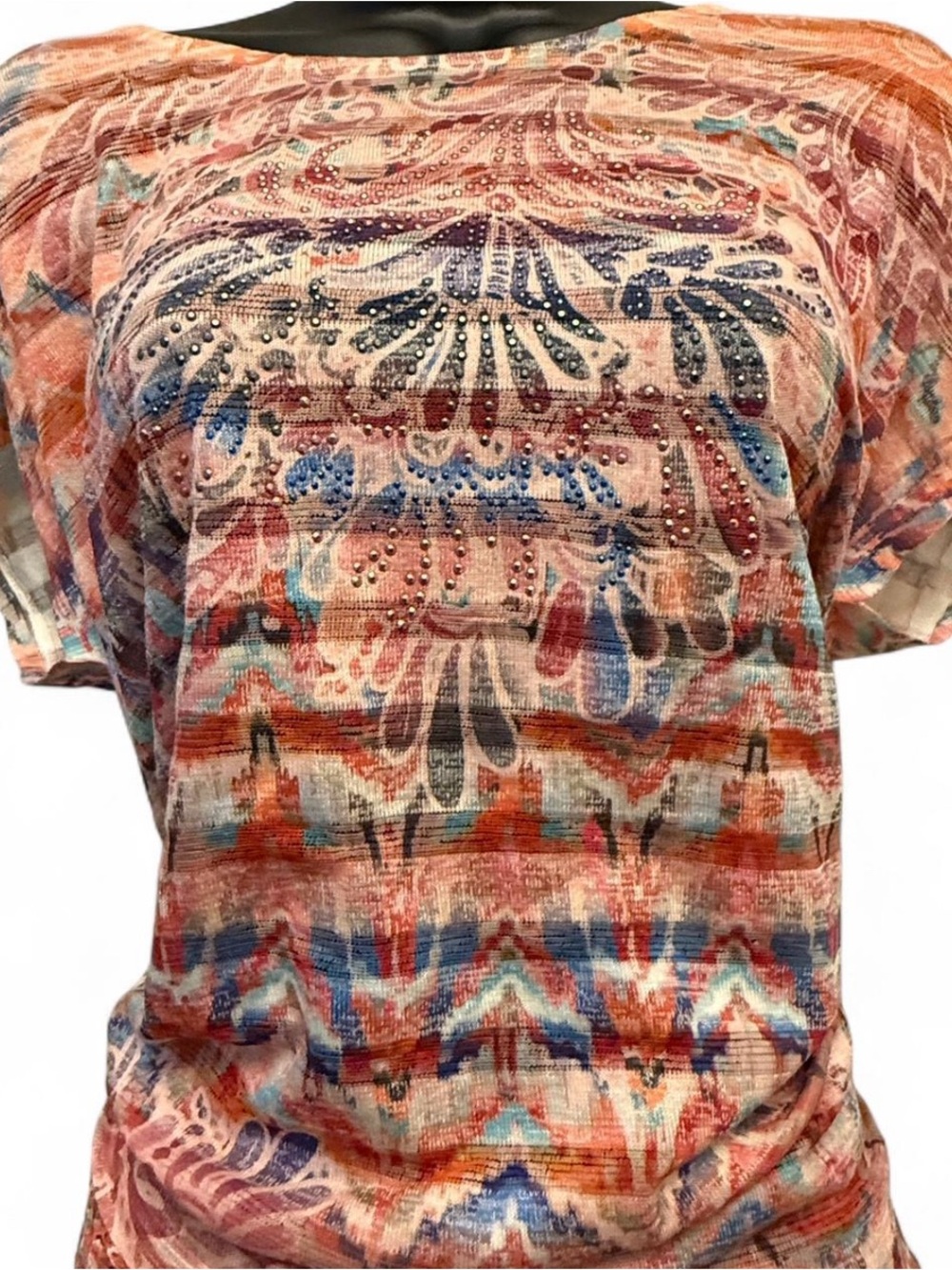 Embellished Multicolor Short Sleeve Blouse - Orange/Blue/Tan